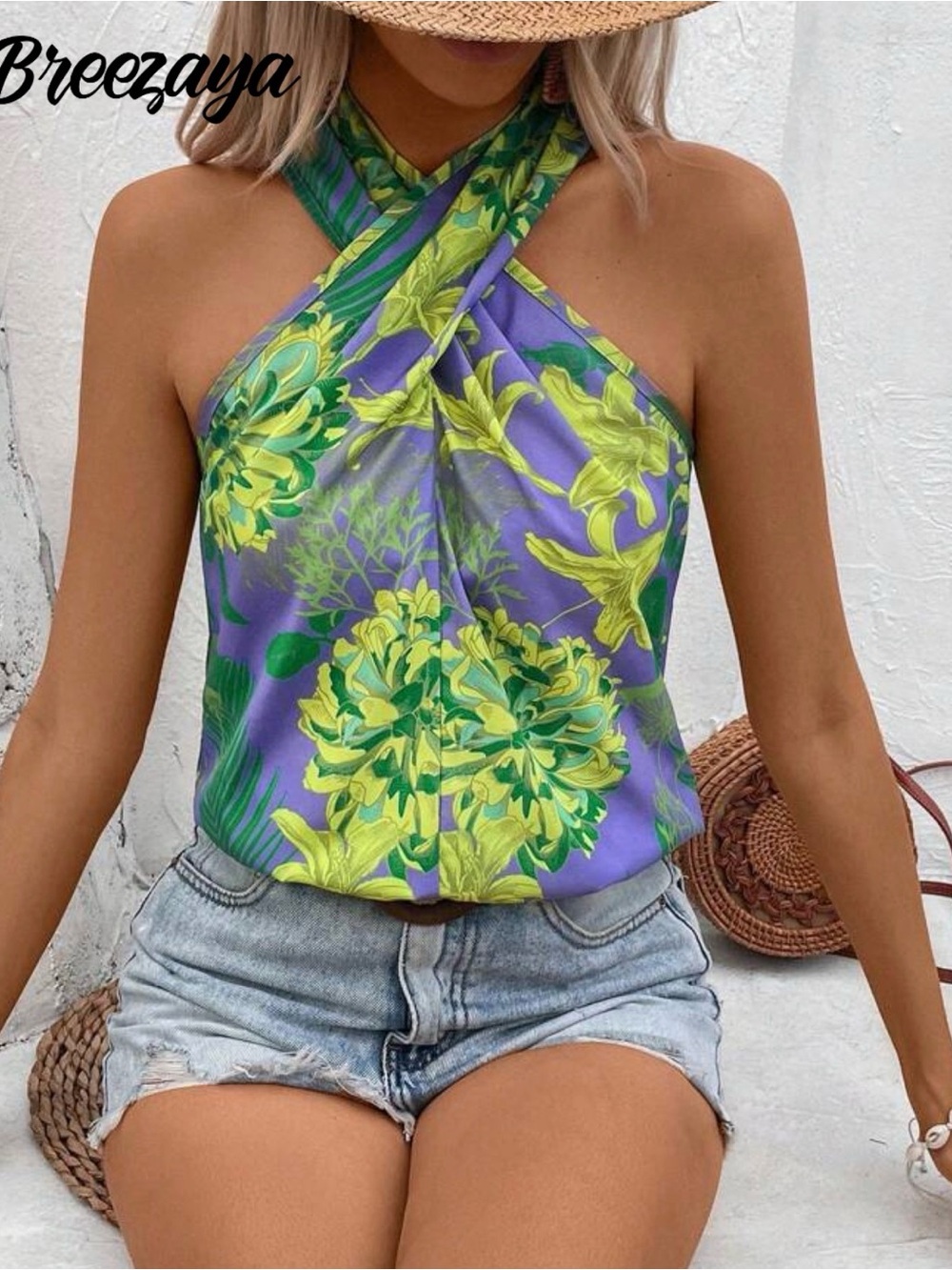 SHEIN Purple & Green Floral Cross Halter Top
